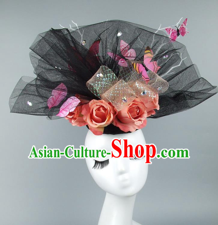 Asian China Exaggerate Veil Hair Accessories Model Show Red Rose Headdress, Halloween Ceremonial Occasions Miami Deluxe Headwear