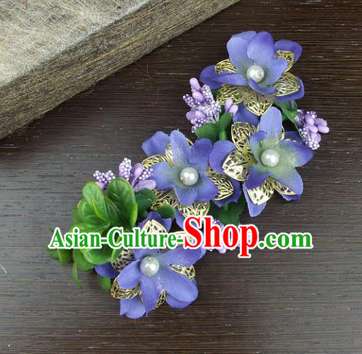 Traditional Handmade Classical Wedding Hair Accessories, Baroque Bride Purple Flowers Hair Clasp for Women