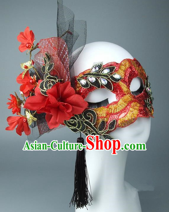 Asian China Exaggerate Fancy Ball Accessories Model Show Red Lace Mask, Halloween Ceremonial Occasions Miami Deluxe Face Mask