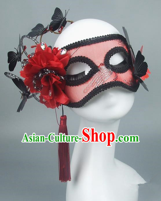 Asian China Exaggerate Fancy Ball Accessories Model Show Red Flower Mask, Halloween Ceremonial Occasions Miami Deluxe Face Mask