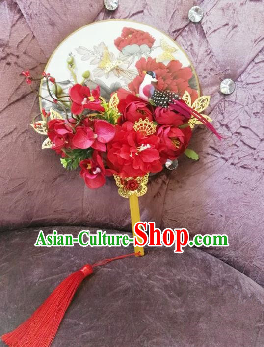 Traditional Handmade Chinese Ancient Wedding Red Flowers Butterfly Round Fans, Hanfu Palace Lady Bride Mandarin Fans for Women