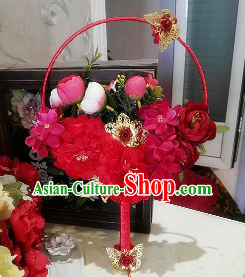 Traditional Handmade Chinese Ancient Wedding Catwalks Round Fans, Hanfu Palace Lady Bride Red Flowers Mandarin Fans for Women