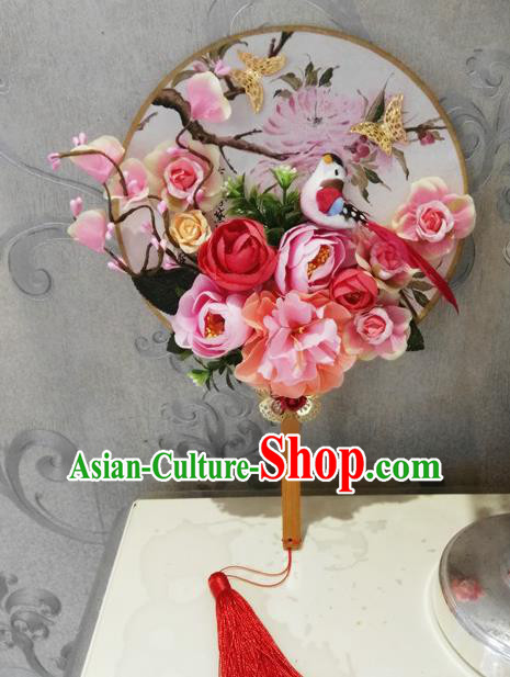 Traditional Handmade Chinese Ancient Wedding Round Fans, Hanfu Palace Lady Bride Pink Flowers Mandarin Fans for Women