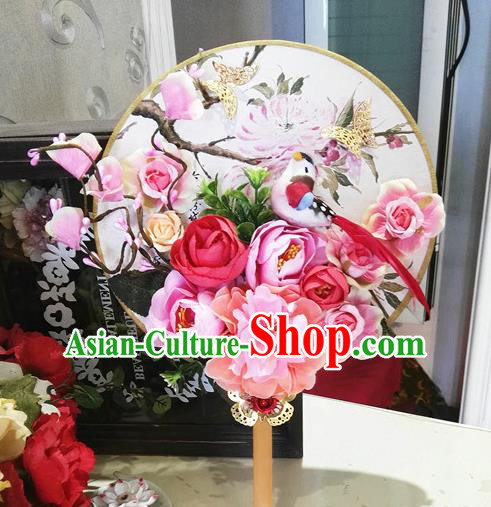 Traditional Handmade Chinese Ancient Wedding Round Fans, Hanfu Palace Lady Bride Pink Rose Mandarin Fans for Women