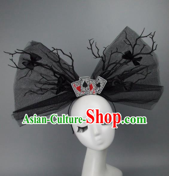 Asian China Classical Hair Accessories Model Show Black Veil Bowknot Headdress, Halloween Ceremonial Occasions Miami Deluxe Headwear