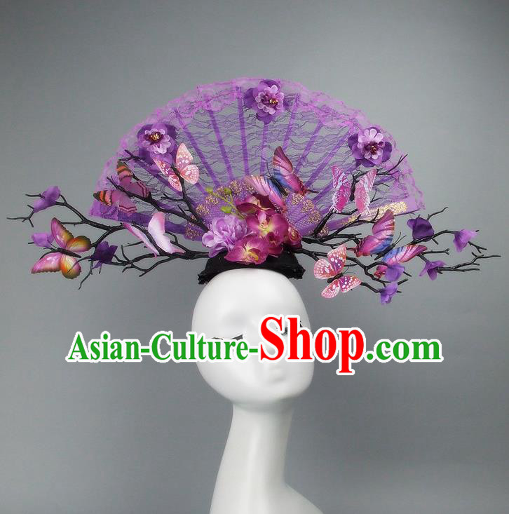 Traditional Handmade Chinese Ancient Hair Accessories, Qin Dynasty Purple Lace Hat Headwear Model Show Headdress Tuinga for Women