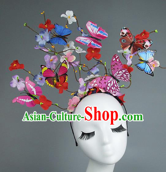 Asian China Exaggerate Hair Accessories Model Show Butterfly Headpiece, Halloween Ceremonial Occasions Miami Deluxe Headwear