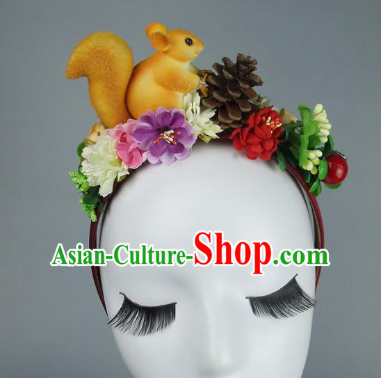 Asian China Exaggerate Hair Accessories Model Show Squirrel Flowers Headpiece, Halloween Ceremonial Occasions Miami Deluxe Headwear