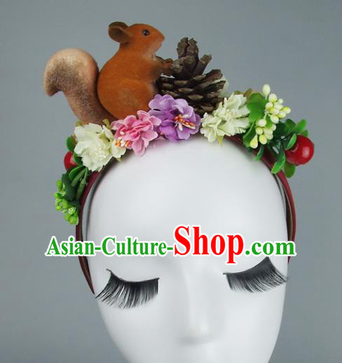 Asian China Exaggerate Hair Accessories Model Show Squirrel Flowers Headpiece, Halloween Ceremonial Occasions Miami Deluxe Headwear