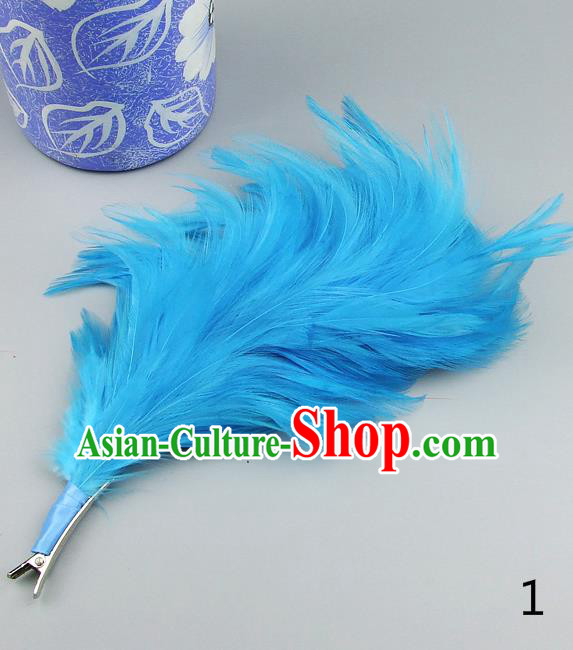 Top Grade Handmade Classical Hair Accessories Princess Blue Feather Bobby Pin, Baroque Style Wedding Bride Hair Claw for Women