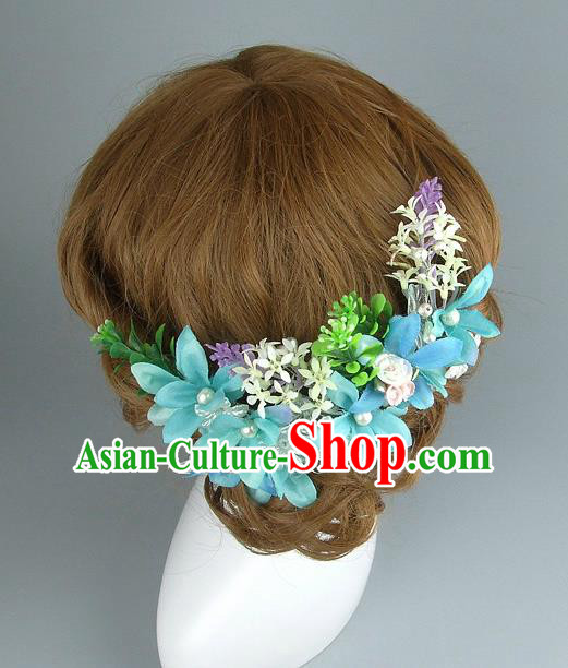 Top Grade Handmade Wedding Hair Accessories Blue Flowers Hair Clasp, Baroque Style Bride Hair Stick Headwear for Women