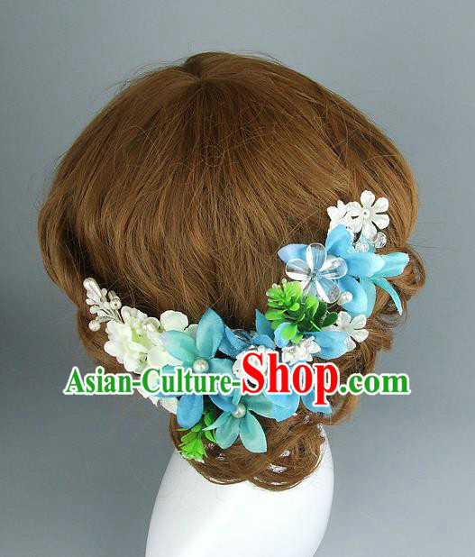 Top Grade Handmade Wedding Hair Accessories Blue Flowers Hair Clasp, Baroque Style Bride Hair Stick Headwear for Women