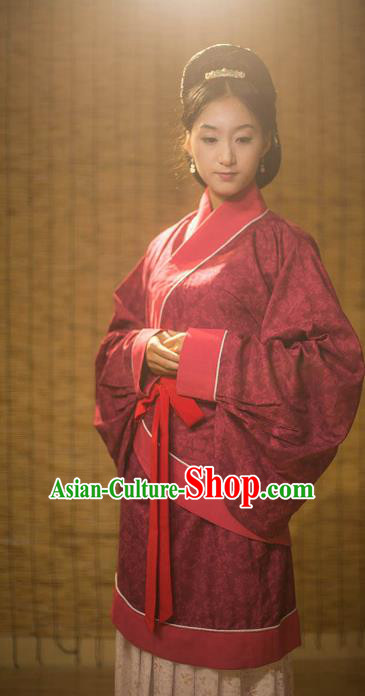 Traditional Chinese Han Dynasty Palace Lady Wedding Costume, Asian China Ancient Hanfu Red Curve Bottom Clothing for Women