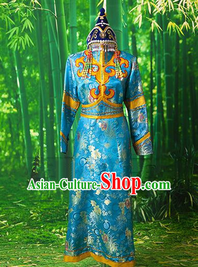 Traditional Chinese Mongol Nationality Dancing Costume, Mongols Female Folk Dance Robe Embroidery Clothing for Women