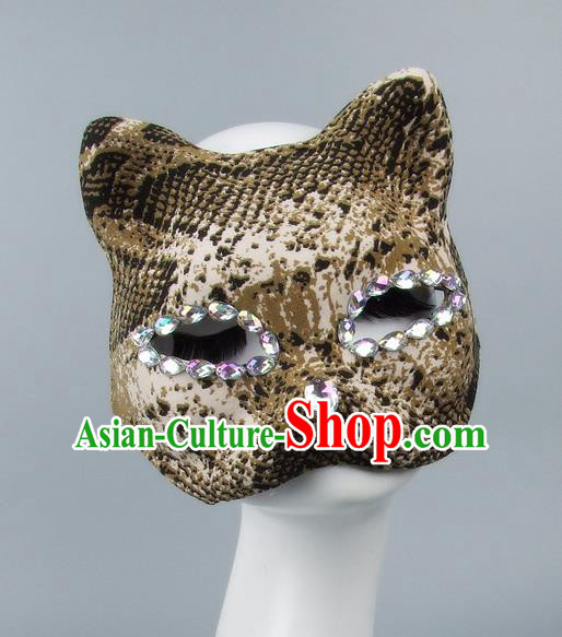 Handmade Exaggerate Fancy Ball Accessories Model Show Crystal Cat Mask, Halloween Ceremonial Occasions Face Mask