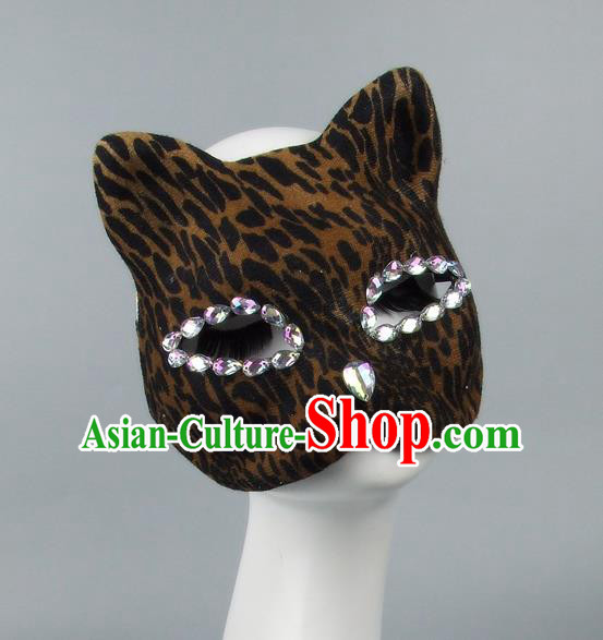 Handmade Exaggerate Fancy Ball Accessories Model Show Crystal Cat Coffee Mask, Halloween Ceremonial Occasions Face Mask