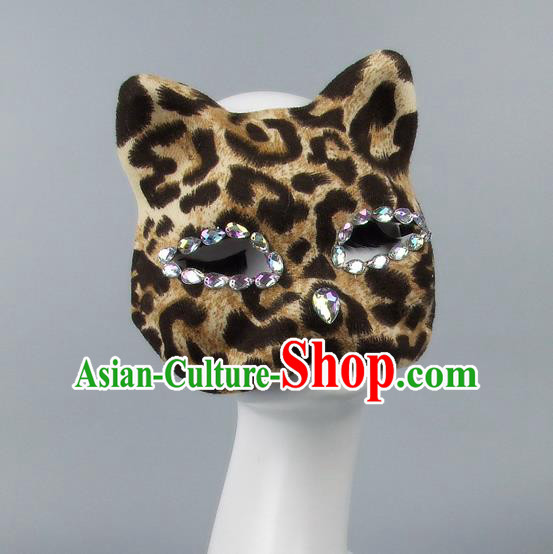 Handmade Exaggerate Fancy Ball Accessories Model Show Crystal Cat Coffee Mask, Halloween Ceremonial Occasions Face Mask