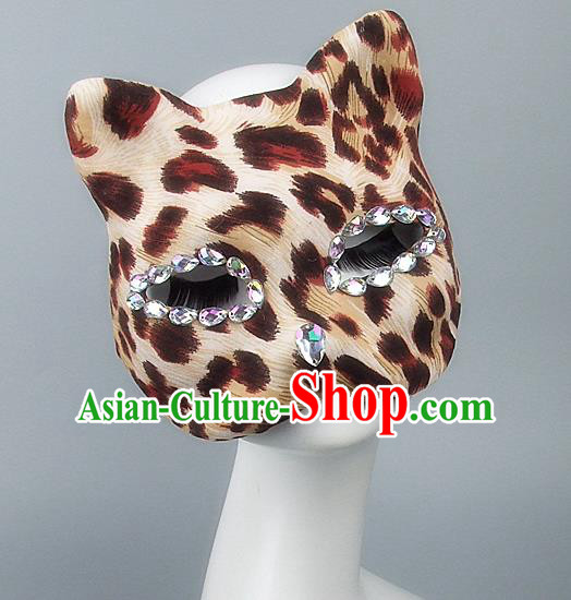 Handmade Exaggerate Fancy Ball Accessories Model Show Crystal Mask, Halloween Ceremonial Occasions Cat Face Mask