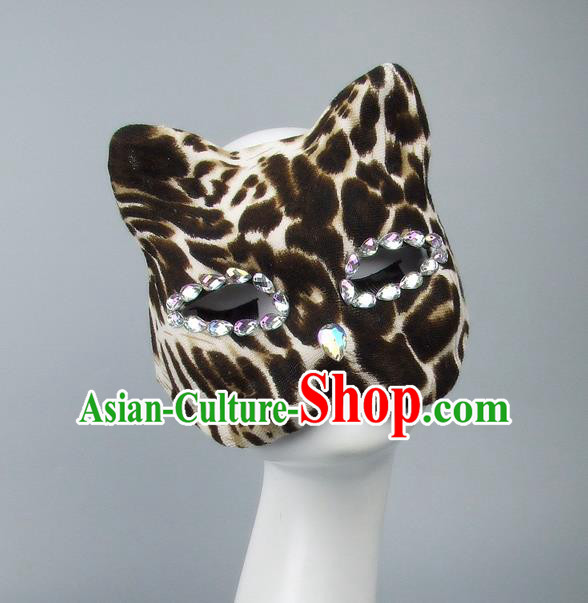 Handmade Exaggerate Fancy Ball Accessories Model Show Crystal Mask, Halloween Ceremonial Occasions Cat Face Mask