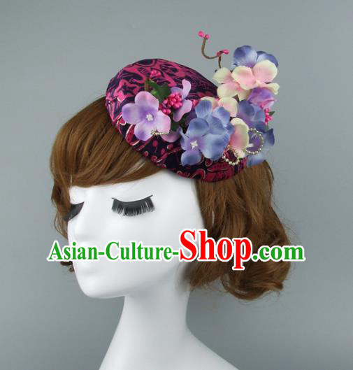 Top Grade Handmade Wedding Hair Accessories Model Show Purple Flowers Top Hat, Baroque Style Bride Deluxe Headwear for Women