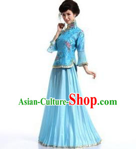 Traditional Ancient Chinese Manchu Nobility Lady Blue Xiuhe Suit Costume, Asian Chinese Qing Dynasty Embroidered Dress Clothing for Women