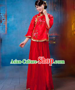 Traditional Ancient Chinese Manchu Nobility Lady Red Xiuhe Suit Costume, Asian Chinese Qing Dynasty Embroidered Dress Clothing for Women