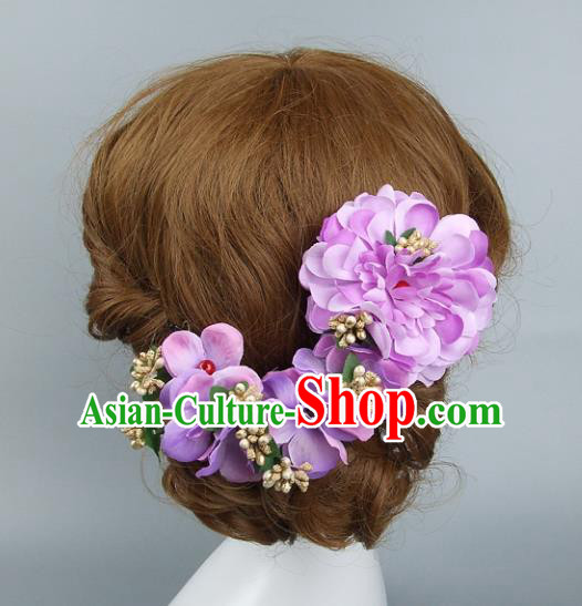 Top Grade Handmade Wedding Hair Accessories Purple Flowers Headband Hair Clasp, Baroque Style Bride Headwear for Women