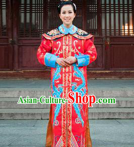 Traditional Ancient Chinese Manchu Palace Lady Costume, Asian Chinese Qing Dynasty Empress Dowager Dress Red Clothing for Women