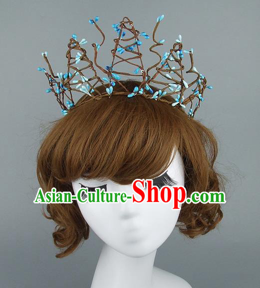 Top Grade Handmade Wedding Hair Accessories Model Show Rattan Plaited Blue Royal Crown, Baroque Style Bride Deluxe Headwear for Women