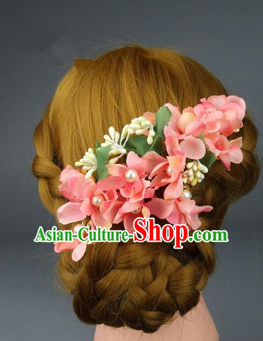 Top Grade Handmade Wedding Hair Accessories Pink Flowers Headpiece, Baroque Style Bride Headwear for Women