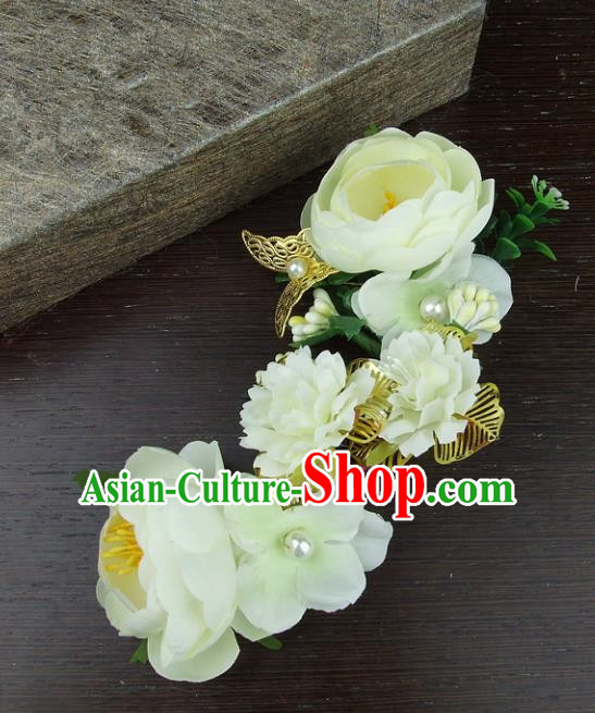 Top Grade Handmade Wedding Hair Accessories Beige Headdress Silk Flowers, Baroque Style Bride Headwear for Women