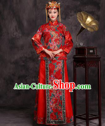 Traditional Ancient Chinese Princess Wedding Costume, Asian Chinese Xiuhe Suit Palace Lady Bride Red Dress Clothing for Women