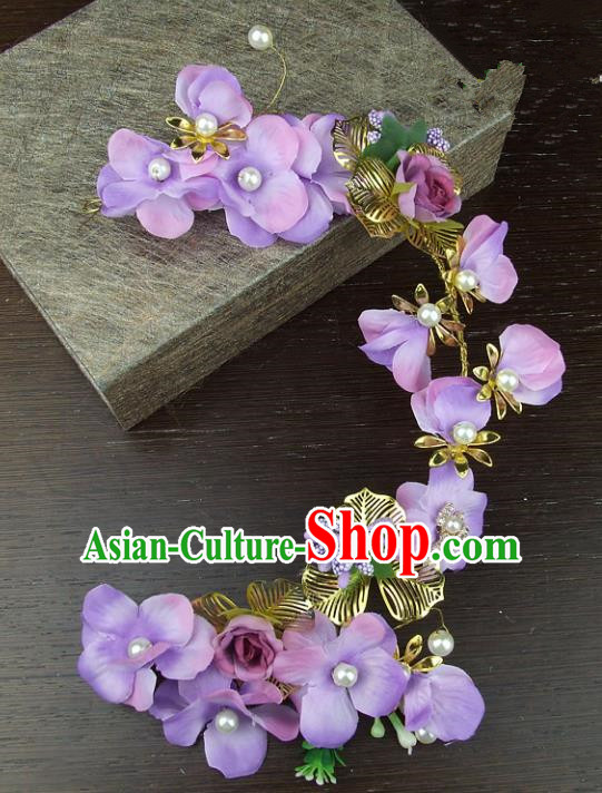 Top Grade Handmade Wedding Hair Accessories Purple Flowers Hair Stick Headpiece, Baroque Style Bride Headwear for Women