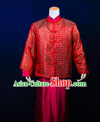 Traditional Ancient Chinese Manchu Wedding Mandarin Jacket Costume, Asian Chinese Qing Dynasty Bridegroom Red Clothing for Men