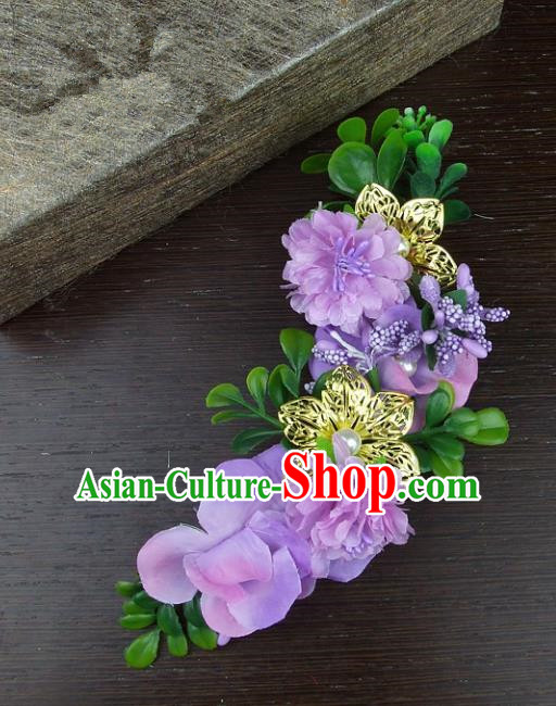 Top Grade Handmade Wedding Hair Accessories Purple Silk Flowers Hair Stick Headpiece, Baroque Style Bride Headwear for Women