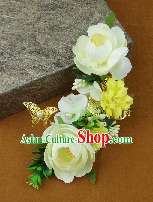 Top Grade Handmade Wedding Hair Accessories Yellow Silk Flowers Butterfly Hair Stick, Baroque Style Bride Headwear for Women