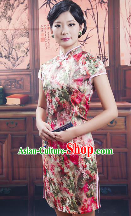 Traditional Chinese National Costume Tang Suit Short Silk Qipao, China Ancient Cheongsam Printing Chirpaur Dress for Women