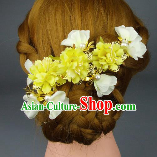 Top Grade Handmade Wedding Hair Accessories Yellow Headdress Silk Flowers, Baroque Style Bride Pearls Headwear for Women