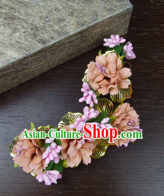 Top Grade Handmade Wedding Hair Accessories Pink Headdress Silk Flowers, Baroque Style Bride Pearls Headwear for Women