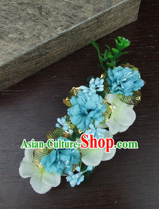 Top Grade Handmade Wedding Hair Accessories Blue Headdress Silk Flowers, Baroque Style Bride Pearls Headwear for Women