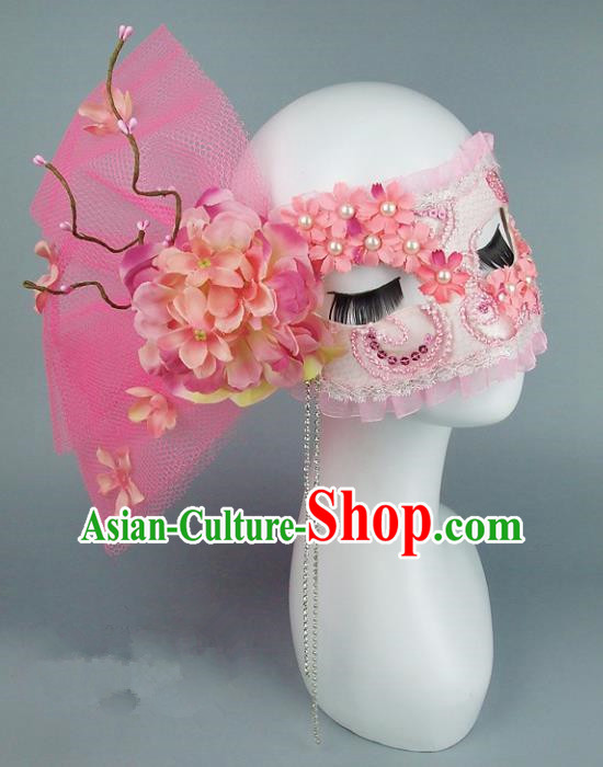 Top Grade Handmade Exaggerate Fancy Ball Accessories Model Show Pink Veil Mask, Halloween Ceremonial Occasions Face Mask