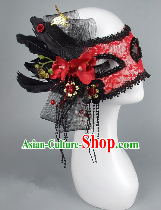 Top Grade Handmade Exaggerate Fancy Ball Accessories Model Show Red Lace Mask, Halloween Ceremonial Occasions Face Mask