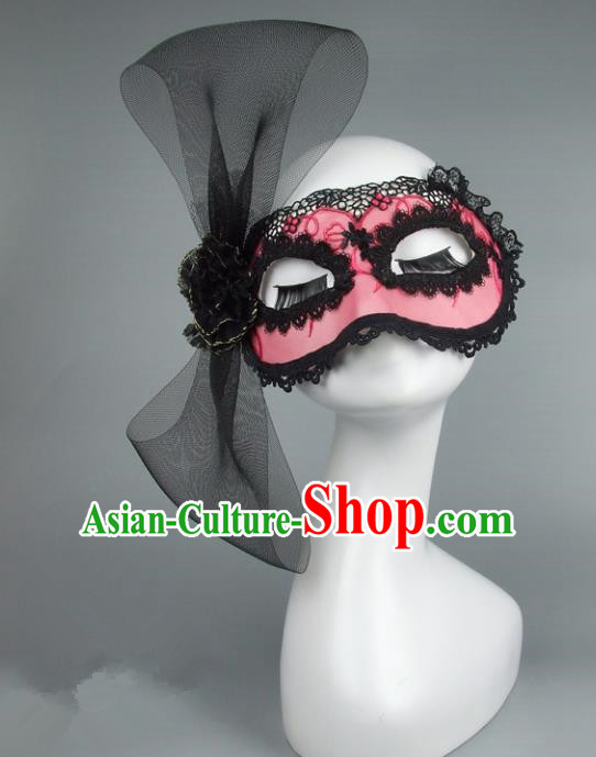 Top Grade Handmade Exaggerate Fancy Ball Accessories Model Show Pink Lace Mask, Halloween Ceremonial Occasions Face Mask