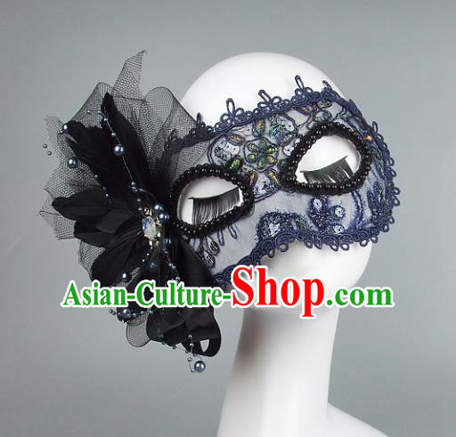 Top Grade Handmade Exaggerate Fancy Ball Accessories Model Show Blue Lace Mask, Halloween Ceremonial Occasions Face Mask