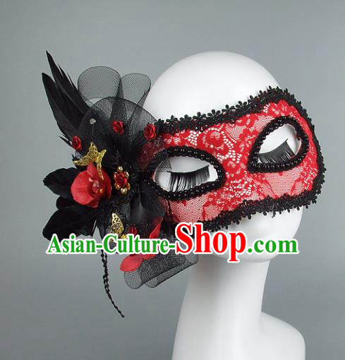Top Grade Handmade Exaggerate Fancy Ball Accessories Model Show Red Lace Feather Mask, Halloween Ceremonial Occasions Face Mask