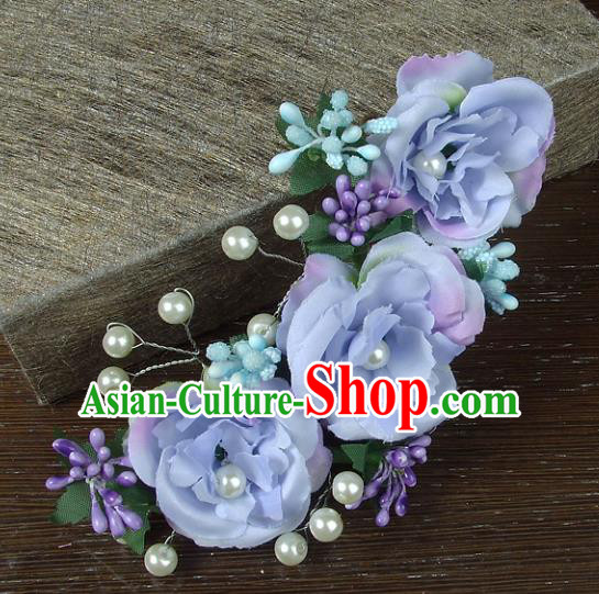 Top Grade Handmade Wedding Hair Accessories Headdress Lilac Silk Flowers, Baroque Style Bride Pearls Headwear for Women