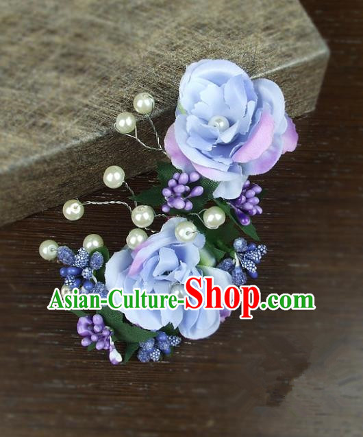 Top Grade Handmade Wedding Hair Accessories Blue Rose Flowers Headdress, Baroque Style Bride Headwear for Women