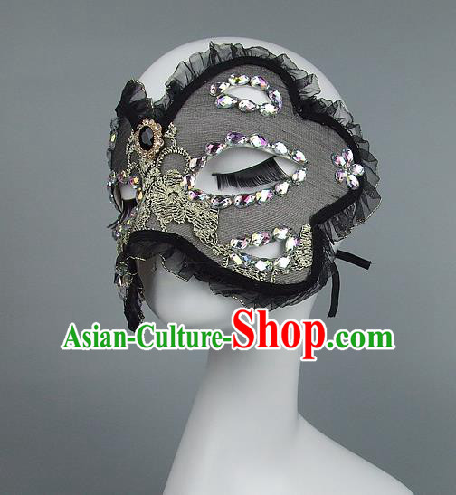 Top Grade Handmade Exaggerate Fancy Ball Model Show Black Crystal Mask, Halloween Ceremonial Occasions Face Mask