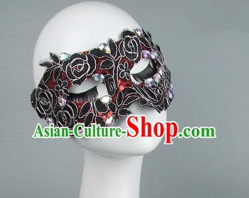 Top Grade Handmade Exaggerate Fancy Ball Model Show Red Crystal Mask, Halloween Ceremonial Occasions Face Mask