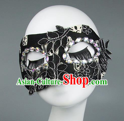 Top Grade Handmade Exaggerate Fancy Ball Model Show Black Lace Mask, Halloween Ceremonial Occasions Face Mask